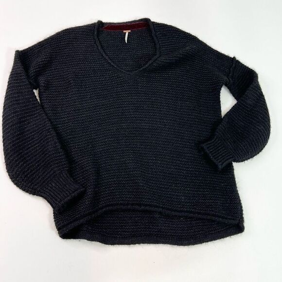 Free People All Mine Sweater Women Small Alpaca Blend V Neck Black Pullover Knit - Picture 1 of 11